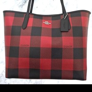 COACH City Tote Bag with Buffalo Plaid Print.